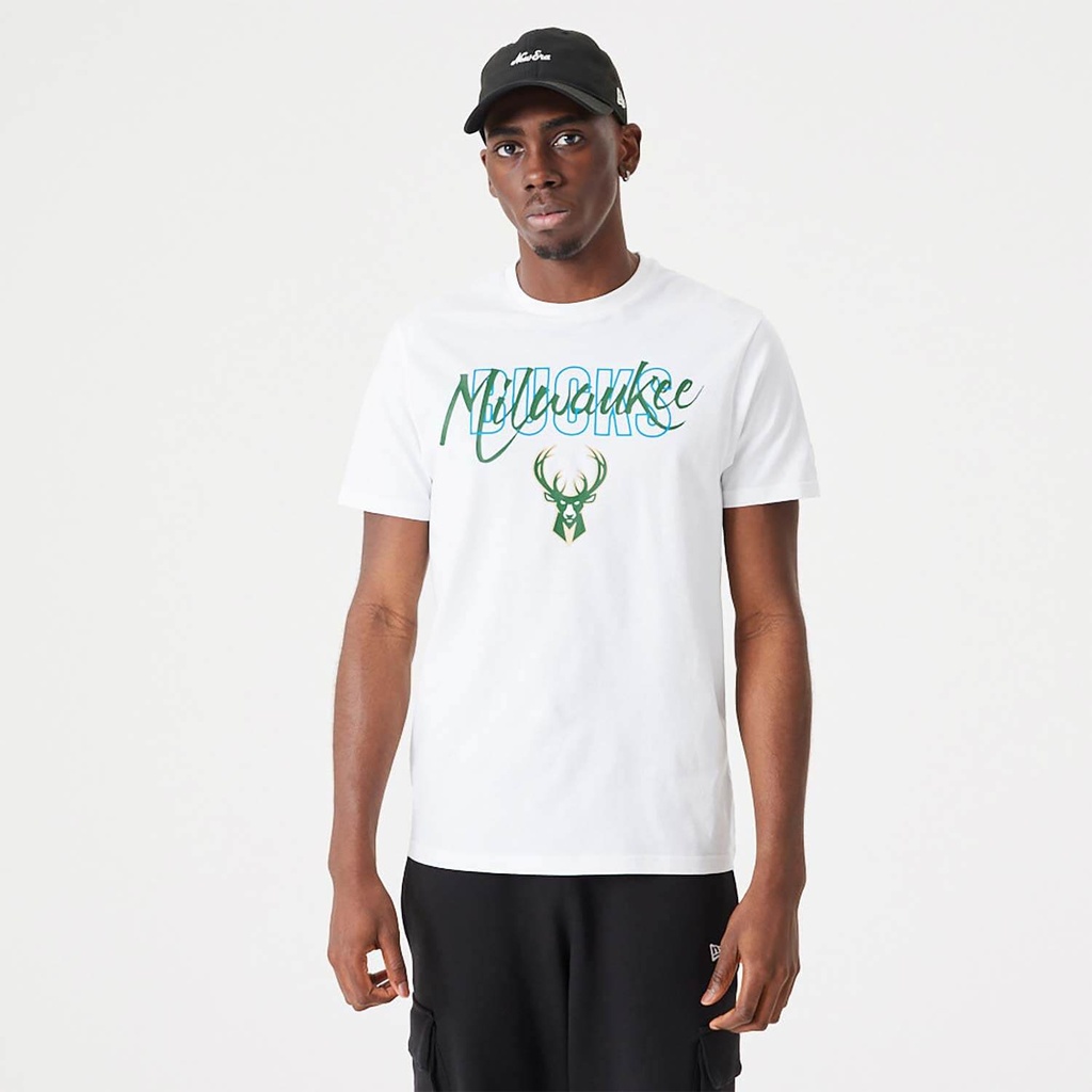 New Era Script Tee NBA Logo Milwaukee Bucks